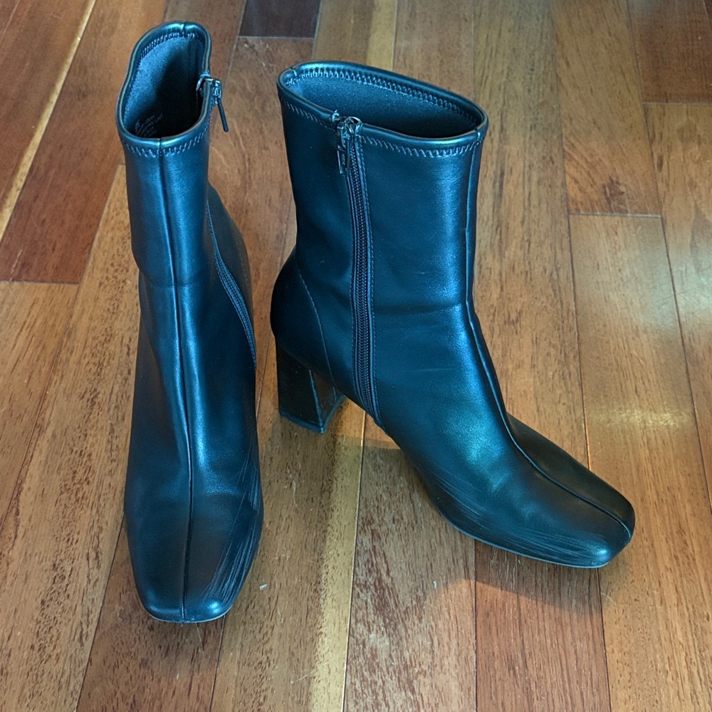a new day Black Leather Square-Toe Ankle Heeled Boots